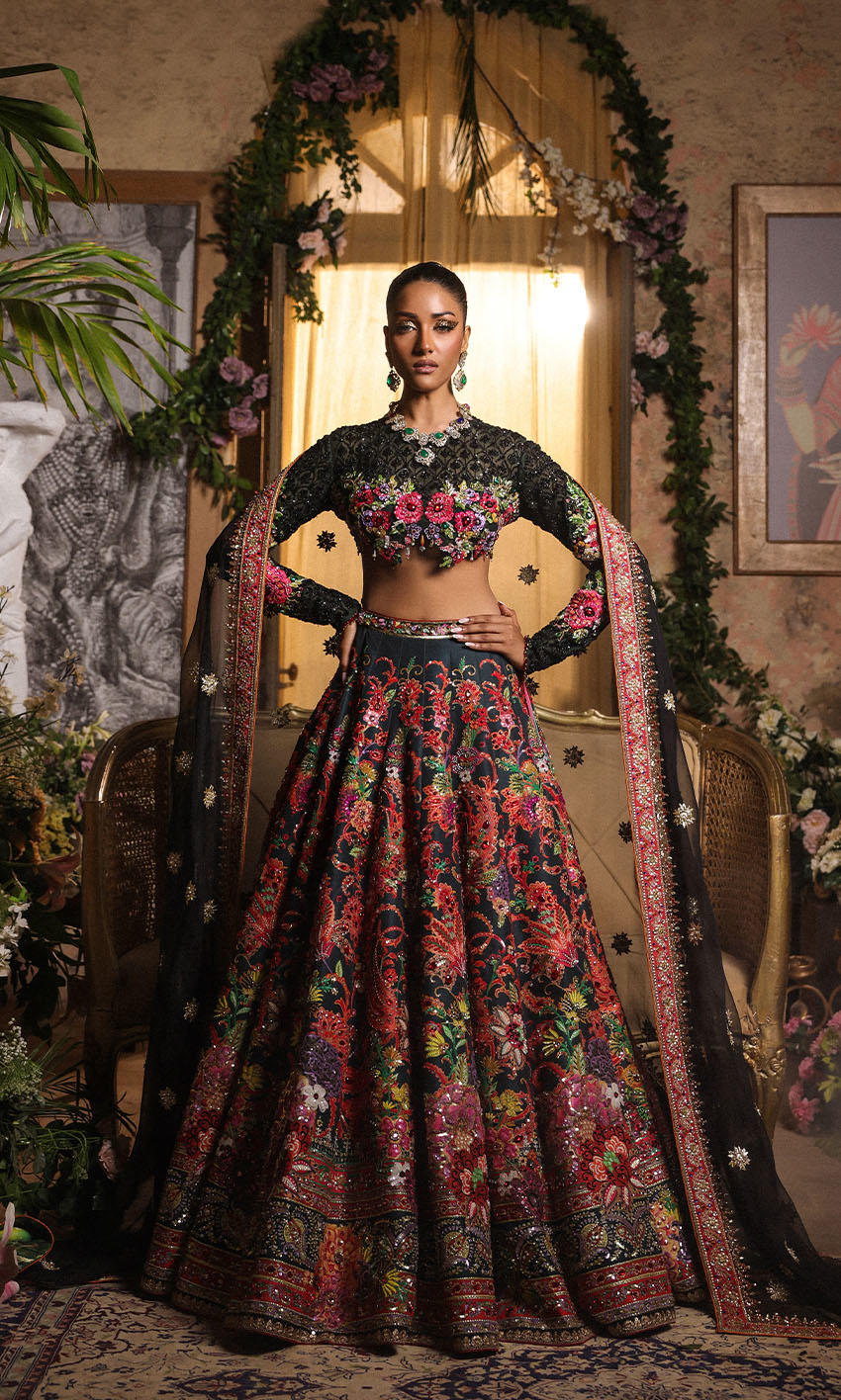 Pakistani Black Embroidered Organza Bridal Lehenga (3-Piece) - Image 1