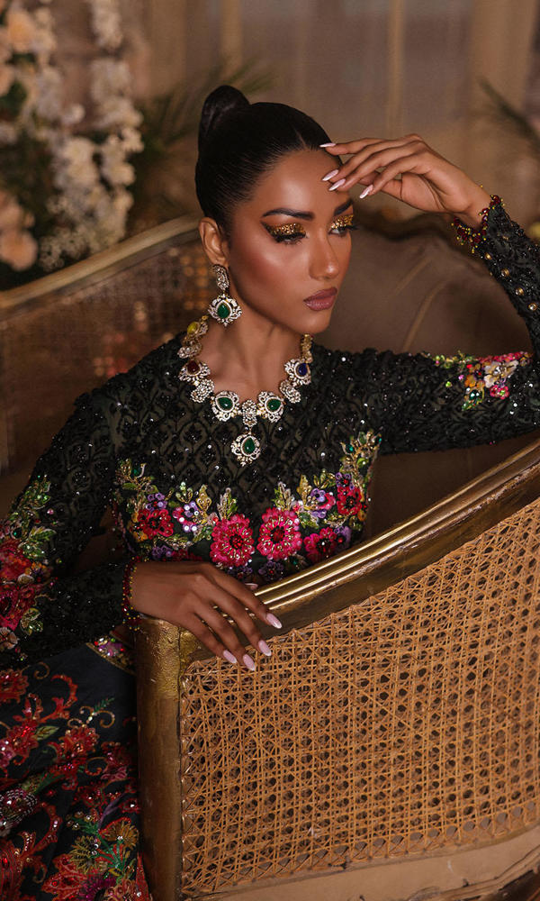 Pakistani Black Embroidered Organza Bridal Lehenga (3-Piece) - Image 10