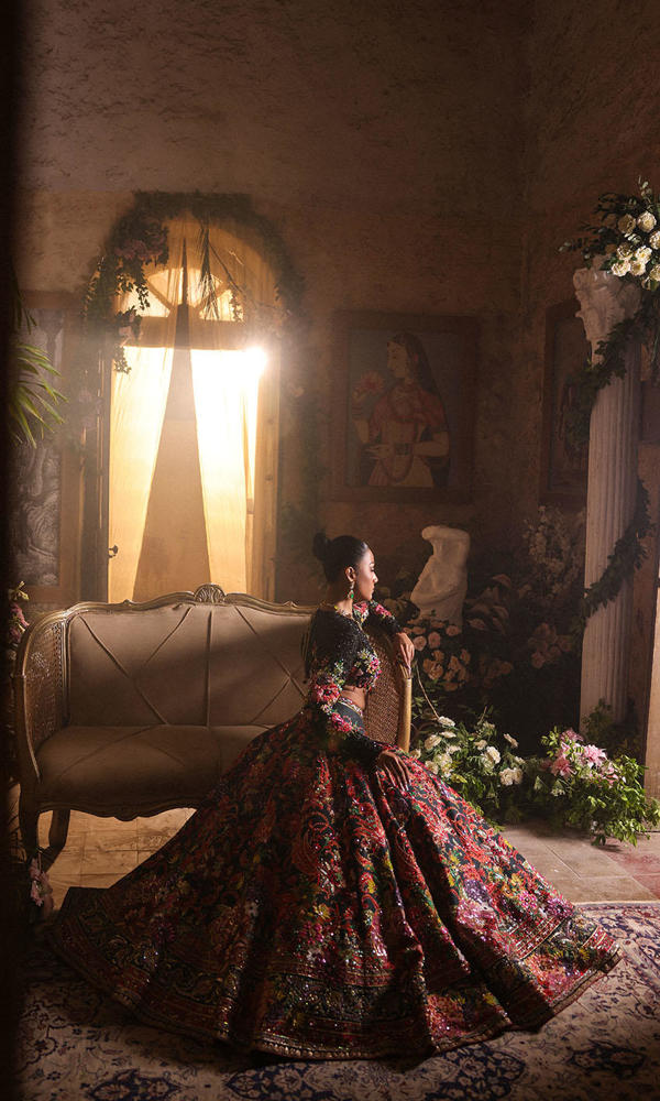 Pakistani Black Embroidered Organza Bridal Lehenga (3-Piece) - Image 13