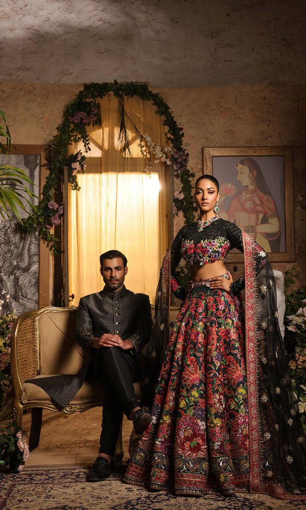 Pakistani Black Embroidered Organza Bridal Lehenga (3-Piece) - Image 14