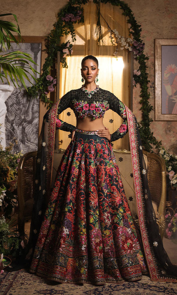 Pakistani Black Embroidered Organza Bridal Lehenga (3-Piece) - Image 2