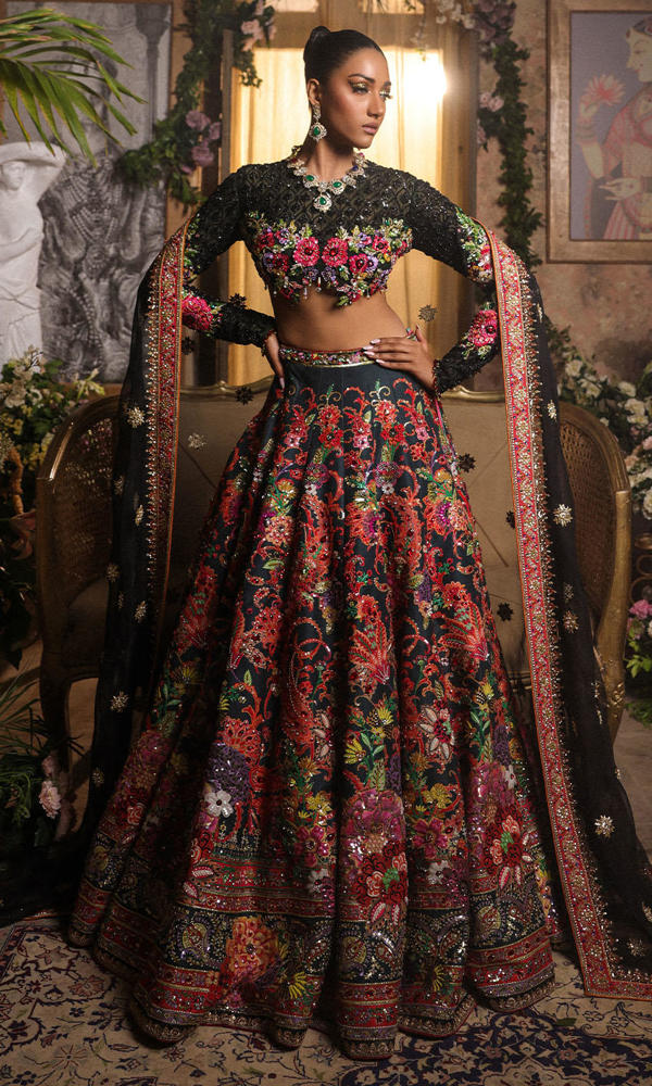 Pakistani Black Embroidered Organza Bridal Lehenga (3-Piece) - Image 4