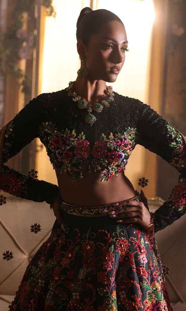 Pakistani Black Embroidered Organza Bridal Lehenga (3-Piece) - Image 6