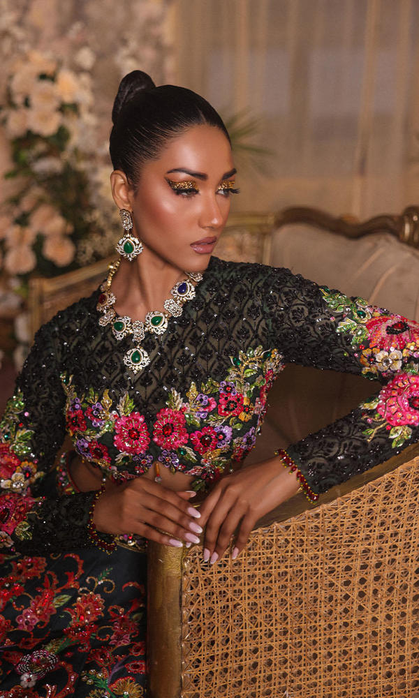 Pakistani Black Embroidered Organza Bridal Lehenga (3-Piece) - Image 9