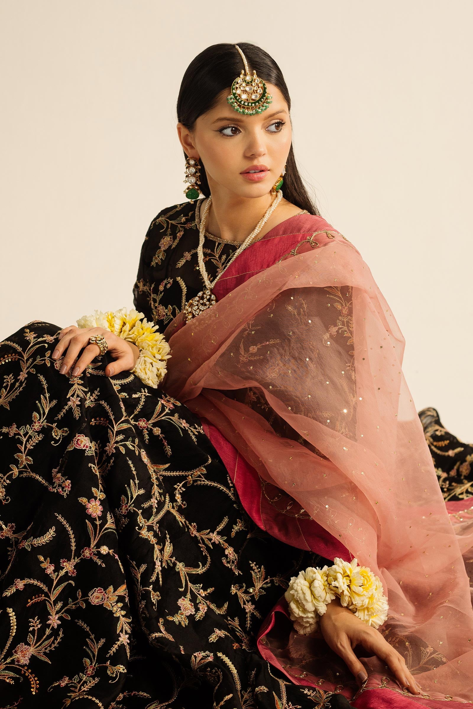 Pakistani Black Zardozi Organza Peshwaz Dress (3-Piece) - Image 2