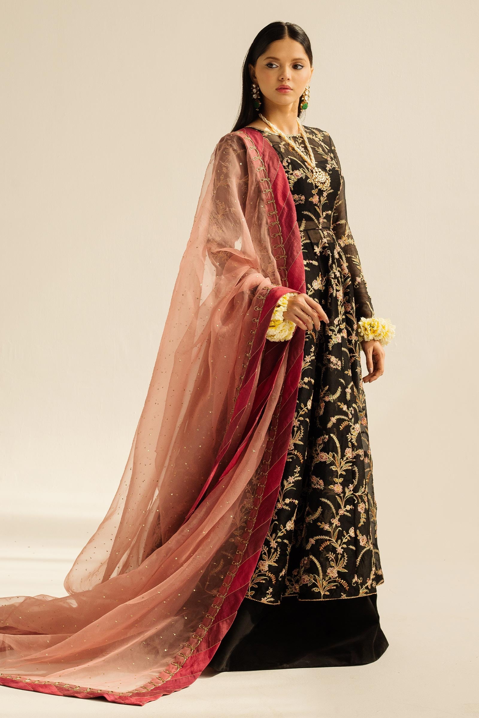 Pakistani Black Zardozi Organza Peshwaz Dress (3-Piece) - Image 3