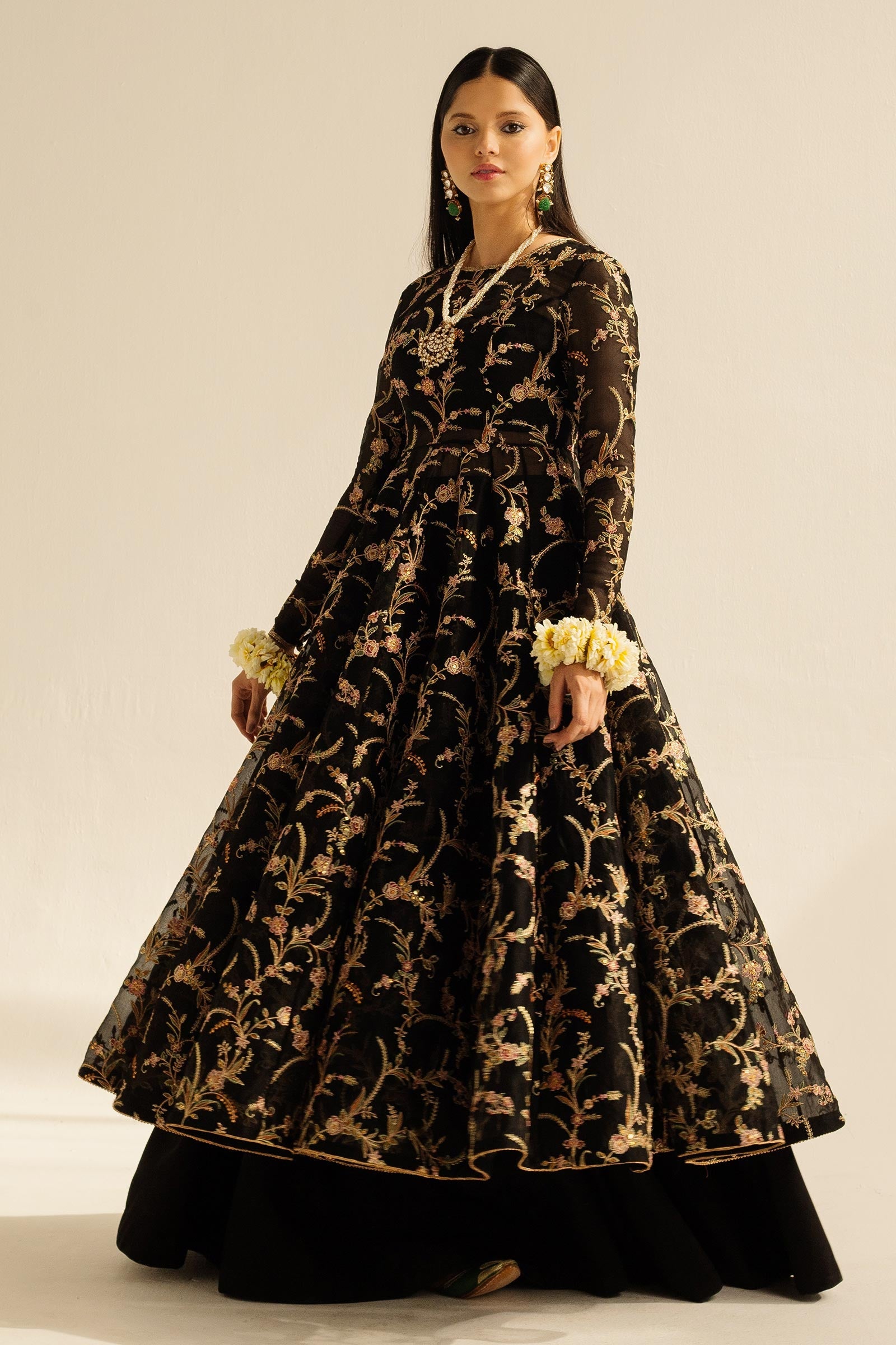 Pakistani Black Zardozi Organza Peshwaz Dress (3-Piece) - Image 4