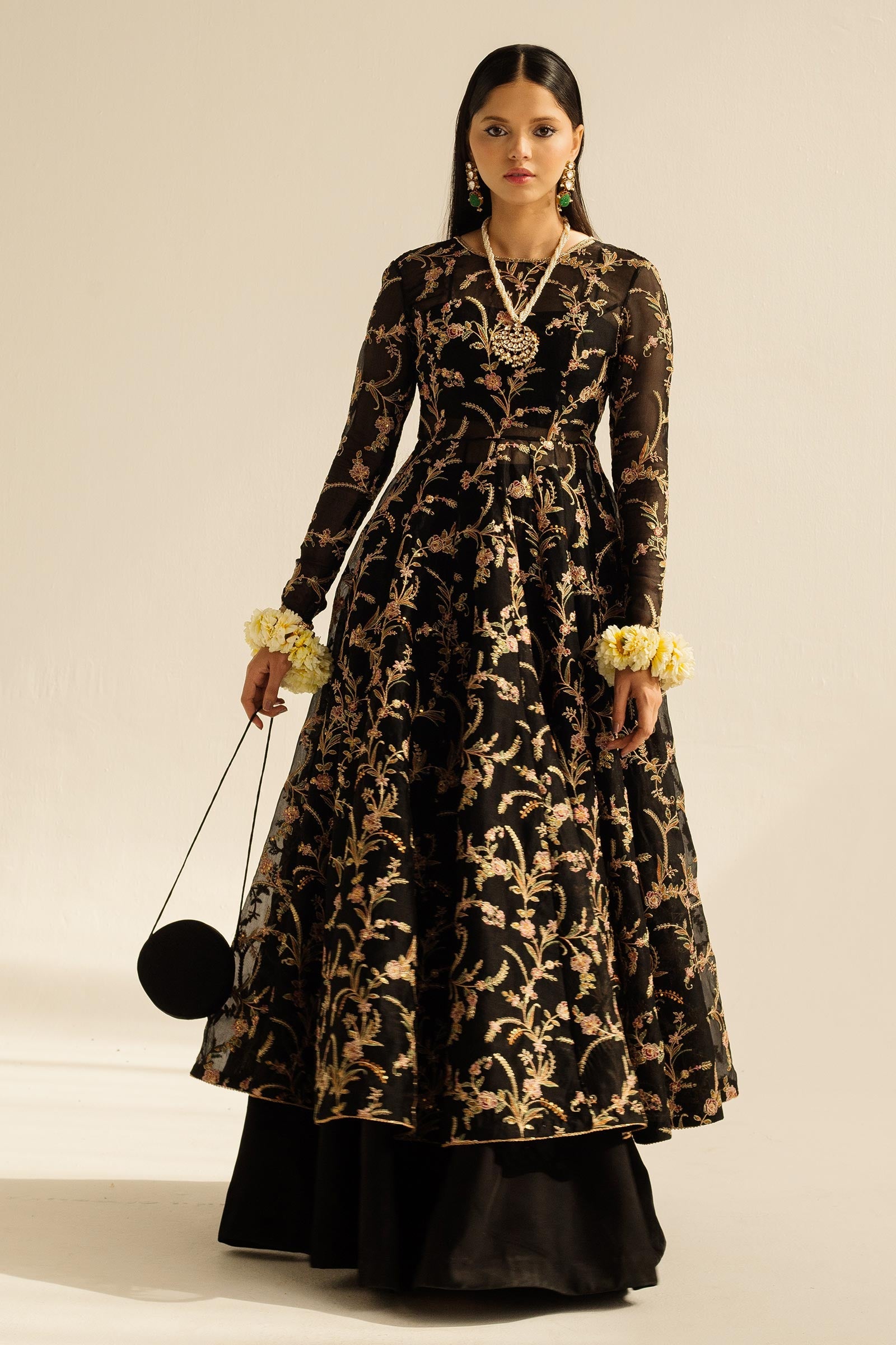 Pakistani Black Zardozi Organza Peshwaz Dress (3-Piece) - Image 5