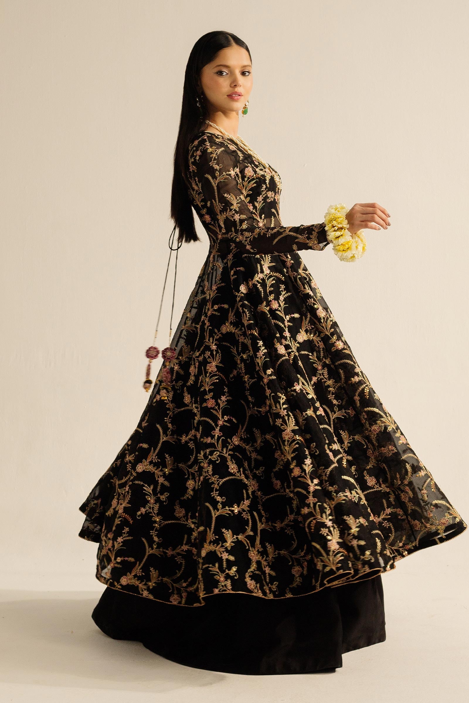 Pakistani Black Zardozi Organza Peshwaz Dress (3-Piece) - Image 7