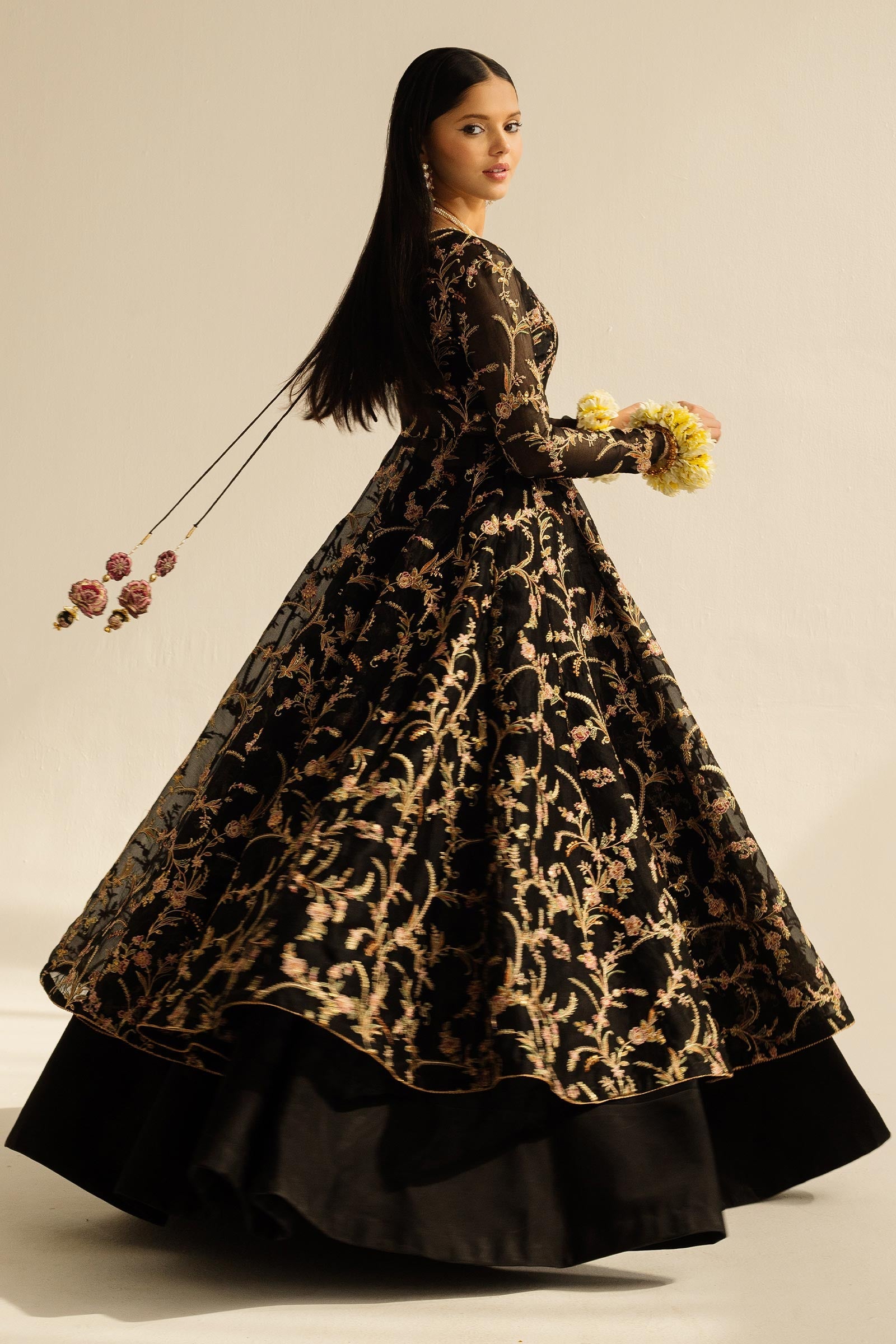 Pakistani Black Zardozi Organza Peshwaz Dress (3-Piece) - Image 8