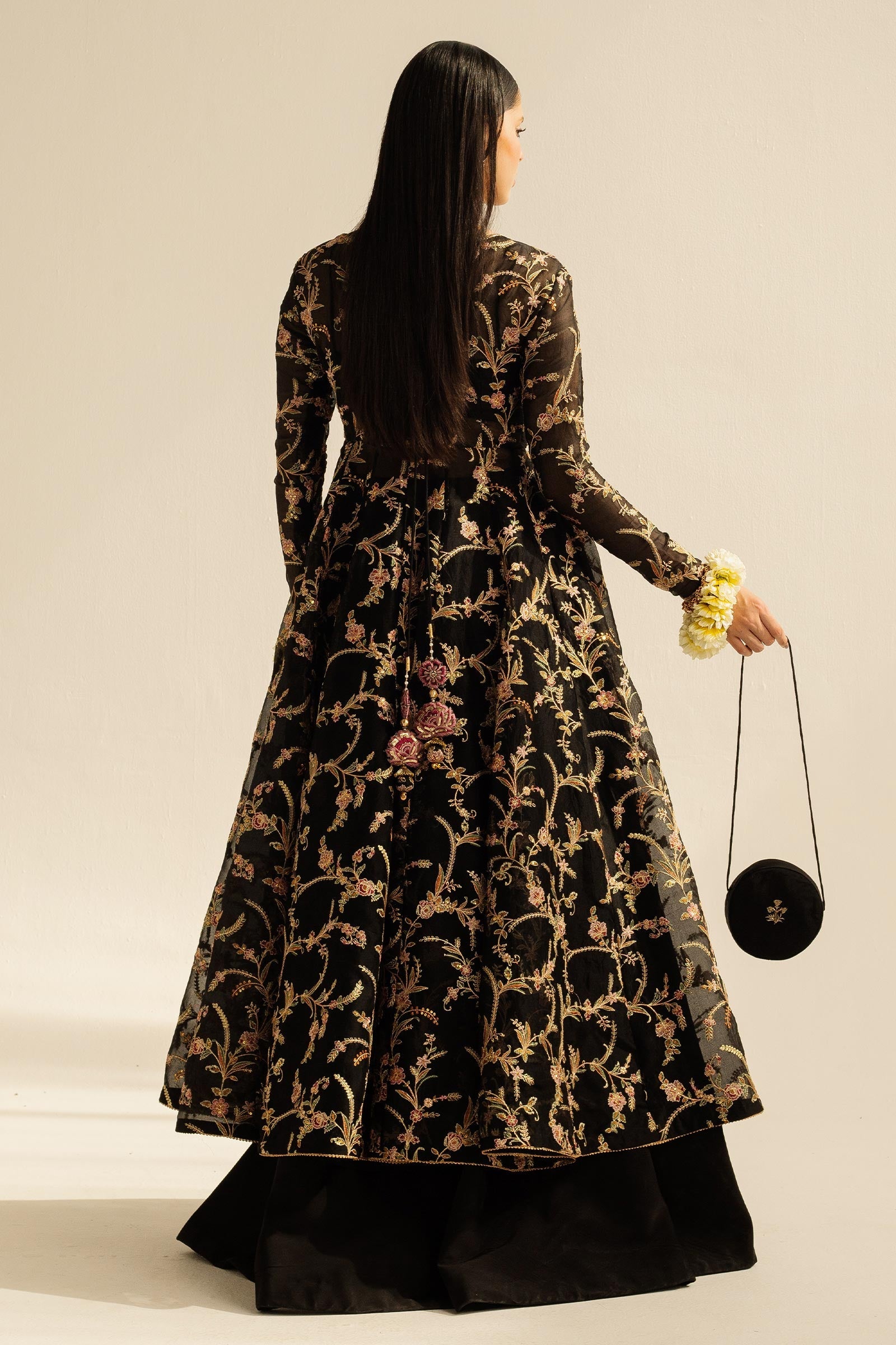 Pakistani Black Zardozi Organza Peshwaz Dress (3-Piece) - Image 9