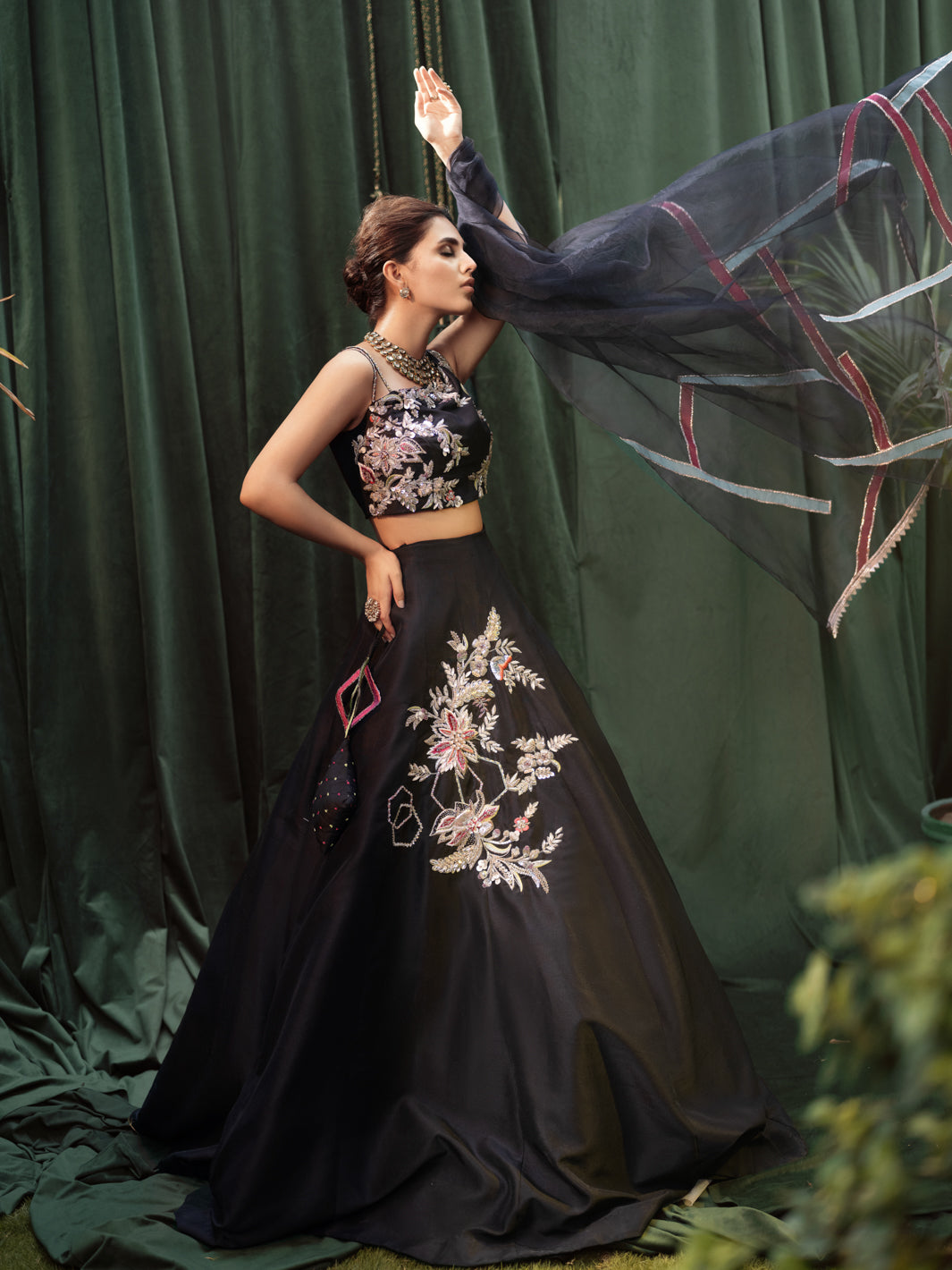 Pakistani Black Embellished Raw Silk Lehenga Choli (3-Piece) - Image 4