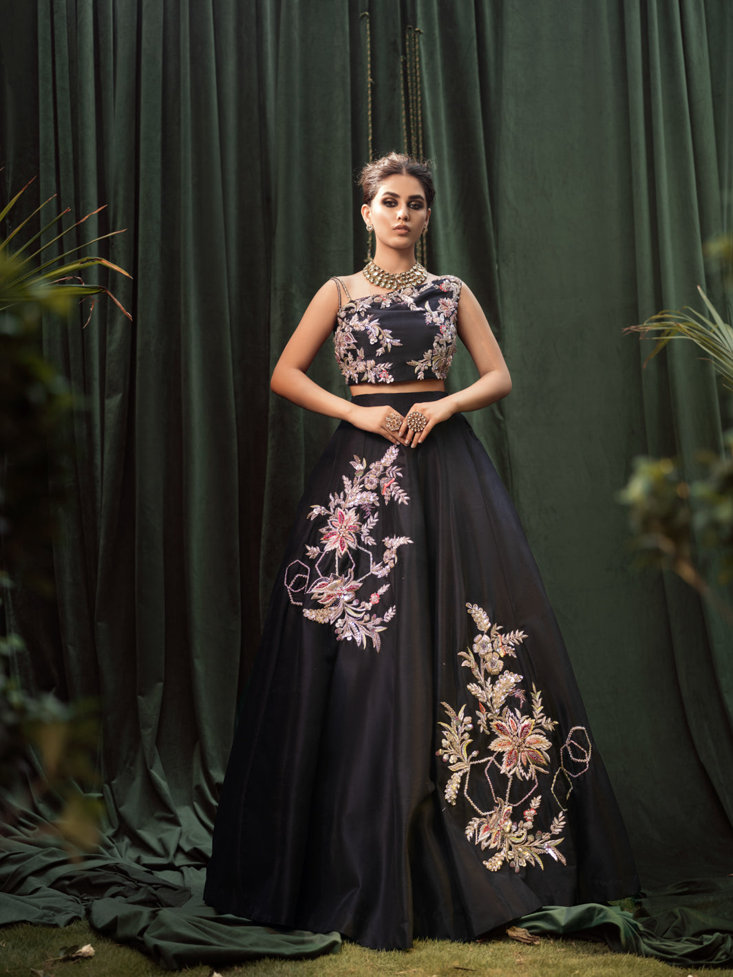 Pakistani Black Embellished Raw Silk Lehenga Choli (3-Piece) - Image 6