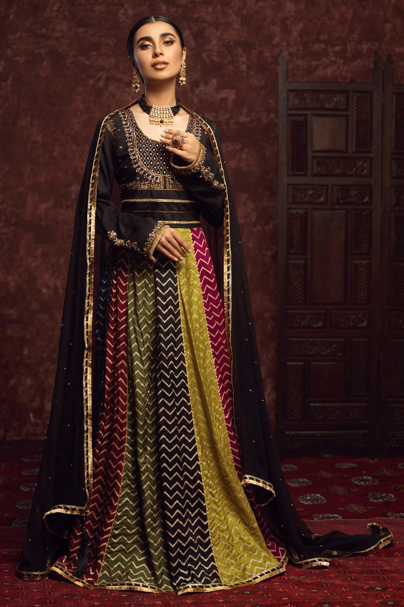 Pakistani Black Embroidered Raw Silk Lehenga Choli (3-Piece) - Image 1