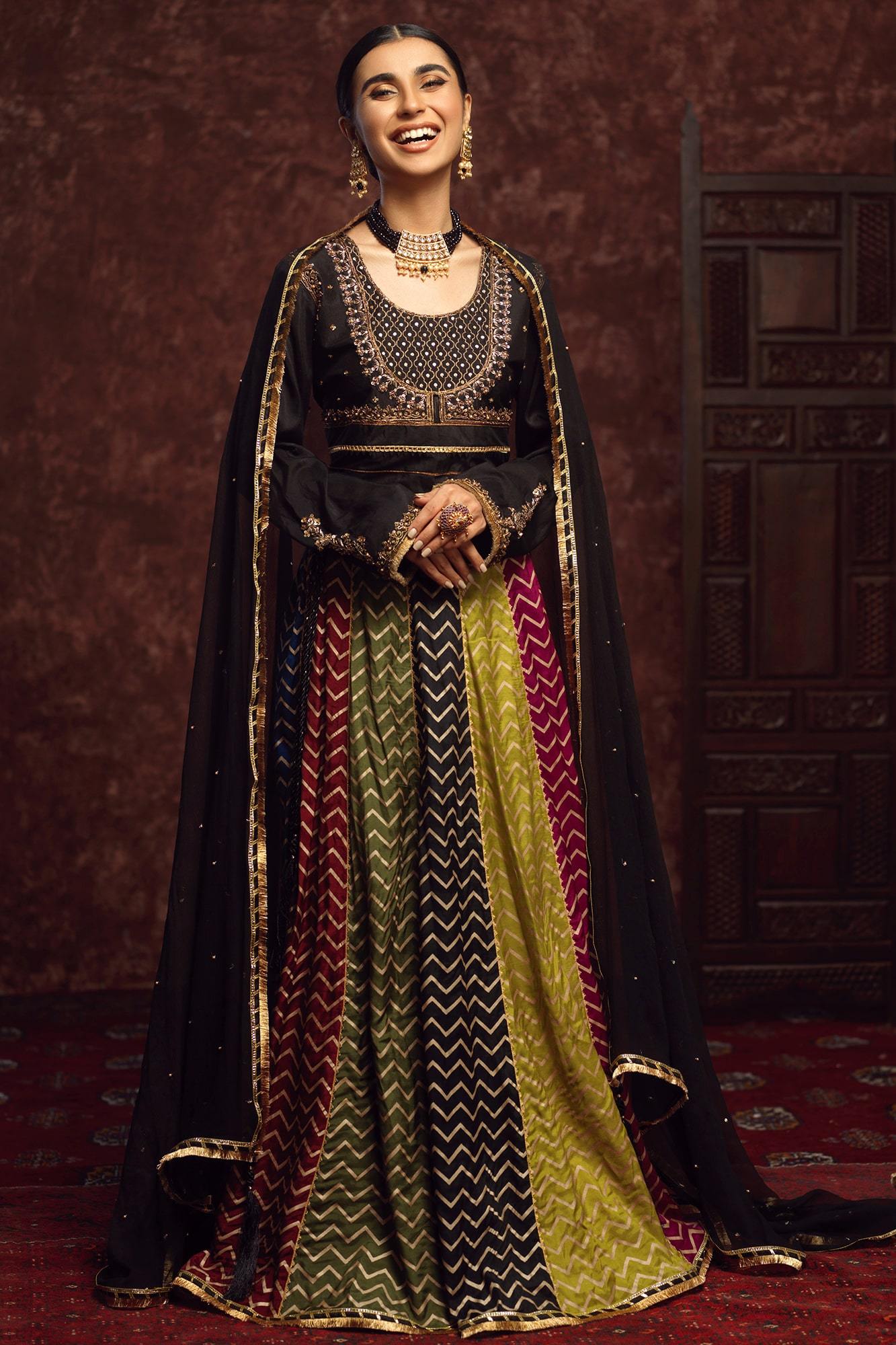 Pakistani Black Embroidered Raw Silk Lehenga Choli (3-Piece) - Image 2