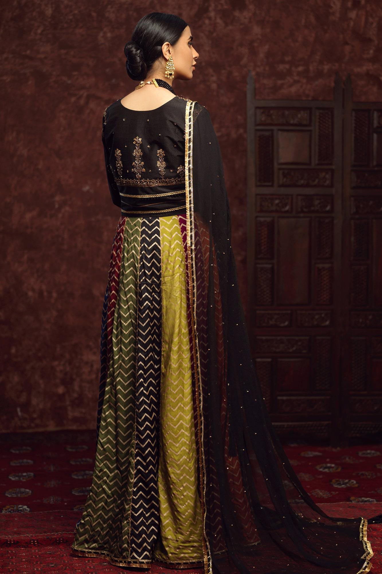 Pakistani Black Embroidered Raw Silk Lehenga Choli (3-Piece) - Image 3
