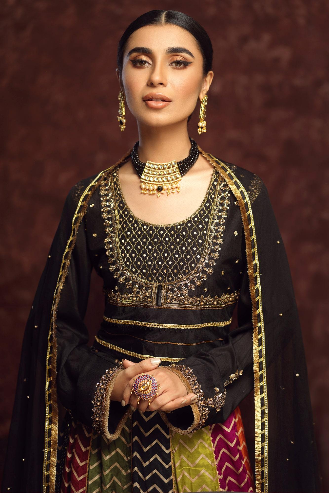 Pakistani Black Embroidered Raw Silk Lehenga Choli (3-Piece) - Image 4