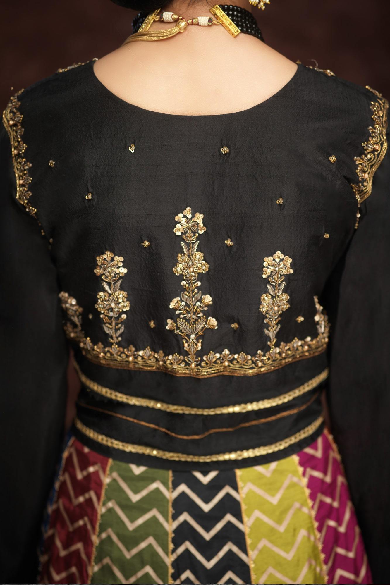 Pakistani Black Embroidered Raw Silk Lehenga Choli (3-Piece) - Image 5