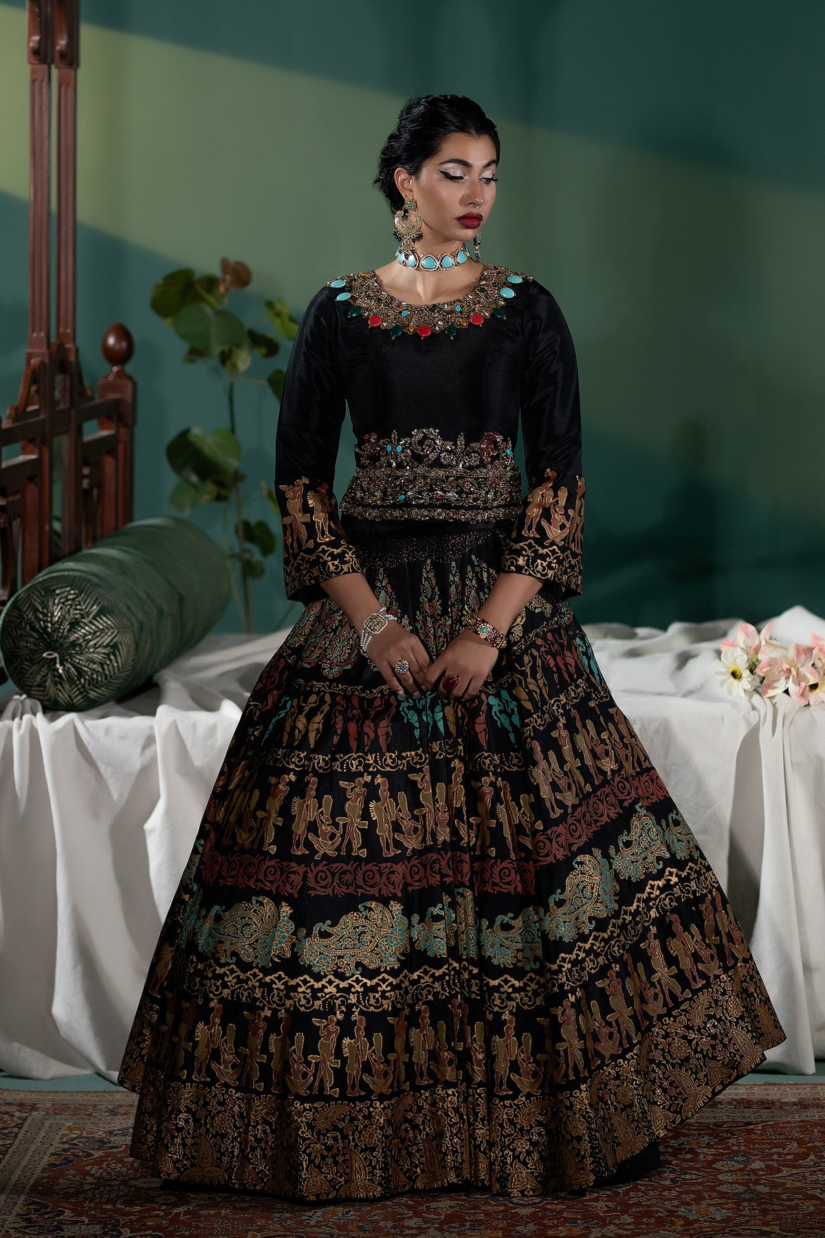 Pakistani Black Block-Printed Raw Silk Lehenga (2-Piece) - Image 1