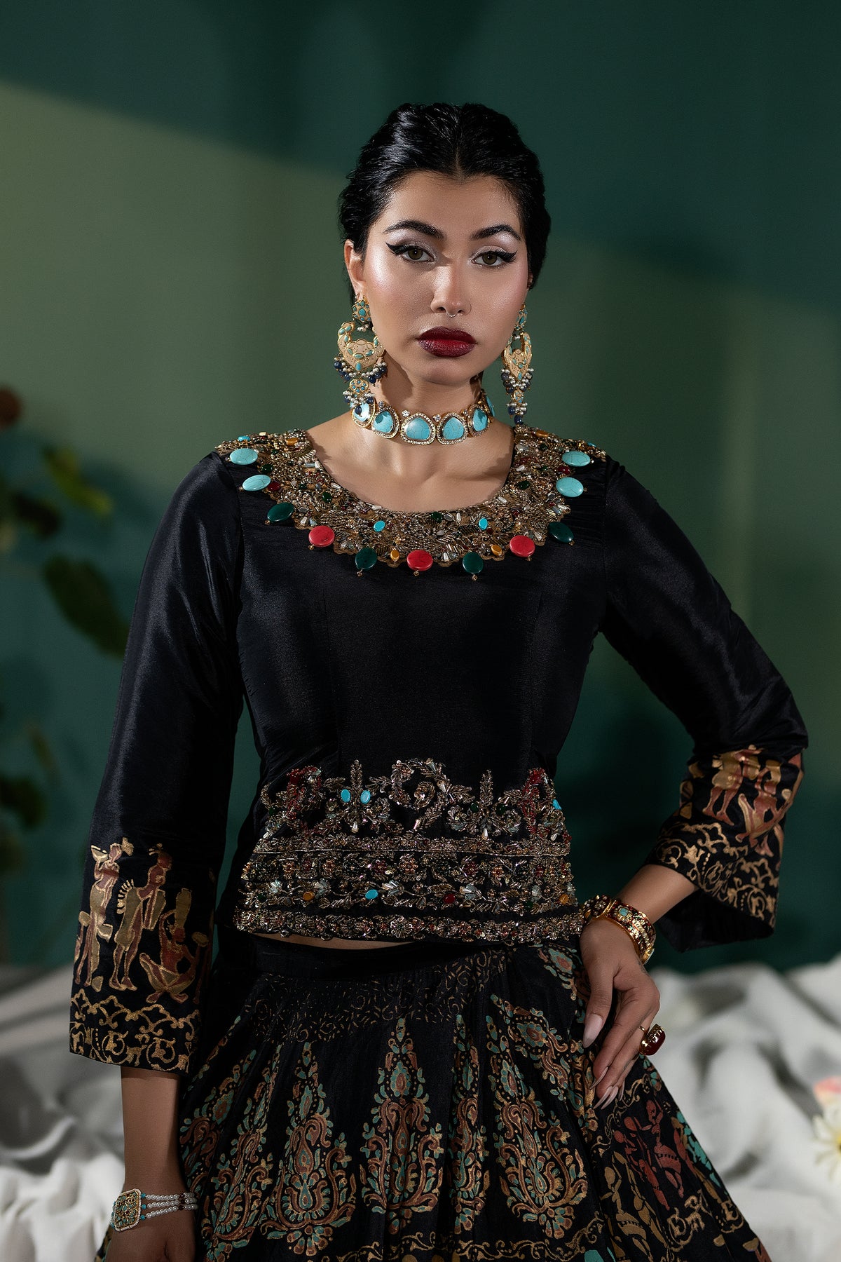 Pakistani Black Block-Printed Raw Silk Lehenga (2-Piece) - Image 2