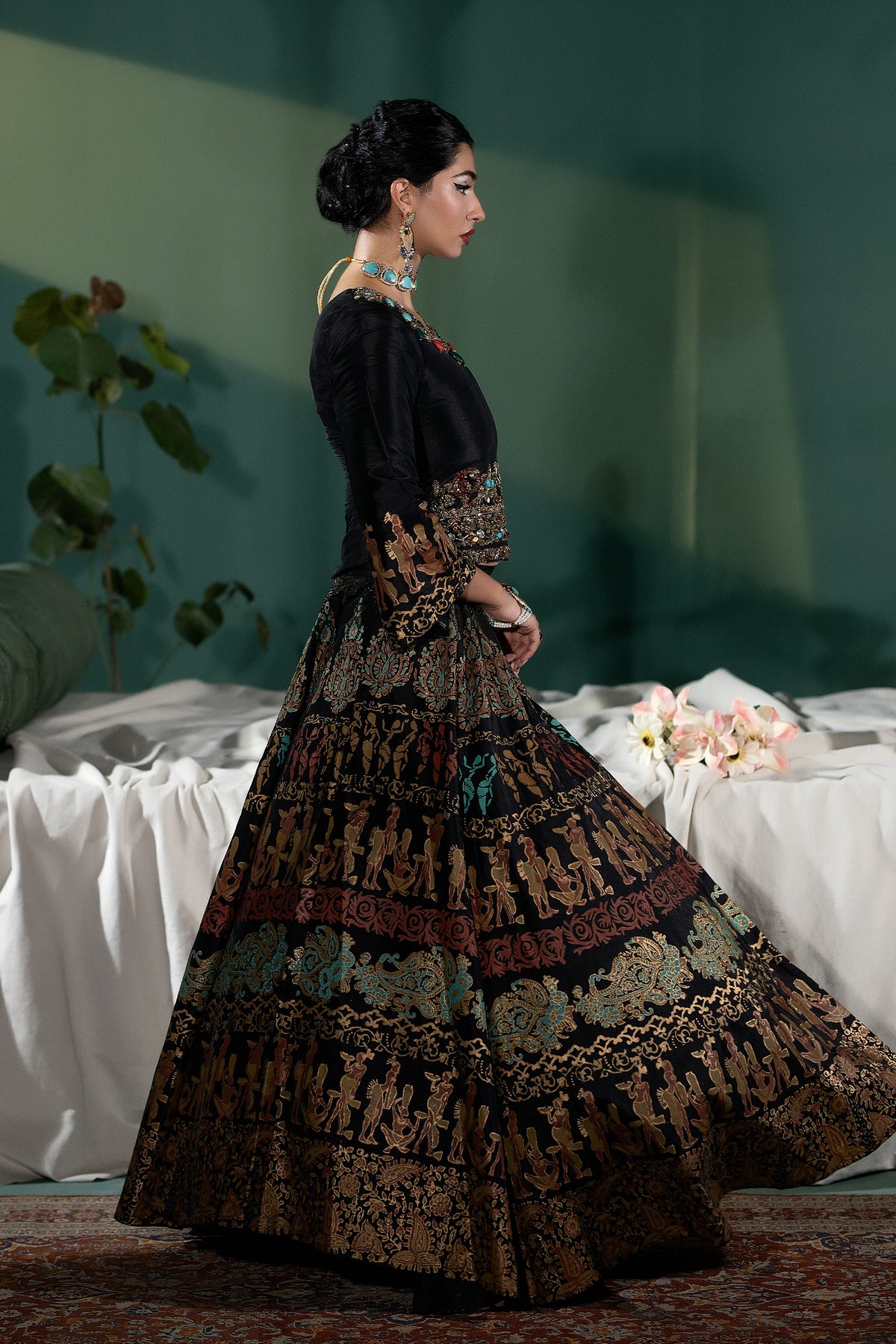 Pakistani Black Block-Printed Raw Silk Lehenga (2-Piece) - Image 3