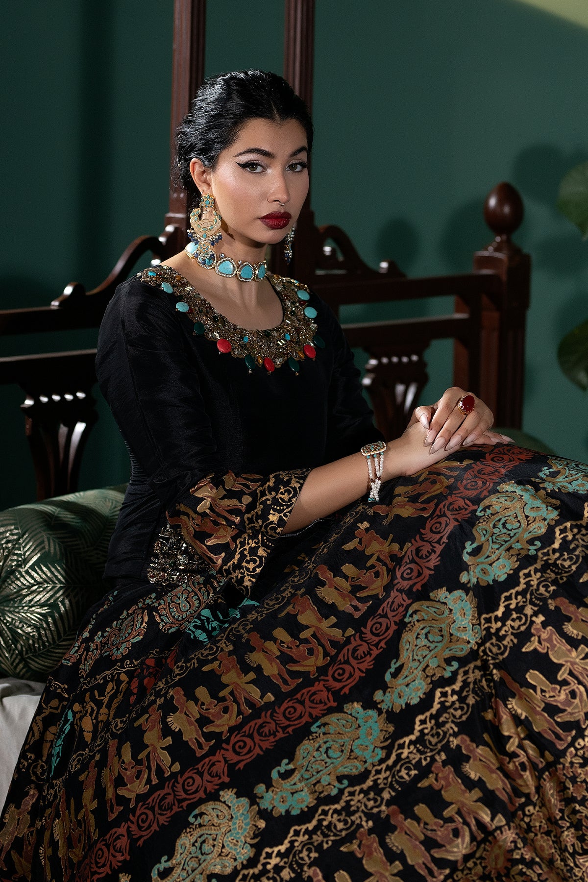 Pakistani Black Block-Printed Raw Silk Lehenga (2-Piece) - Image 5