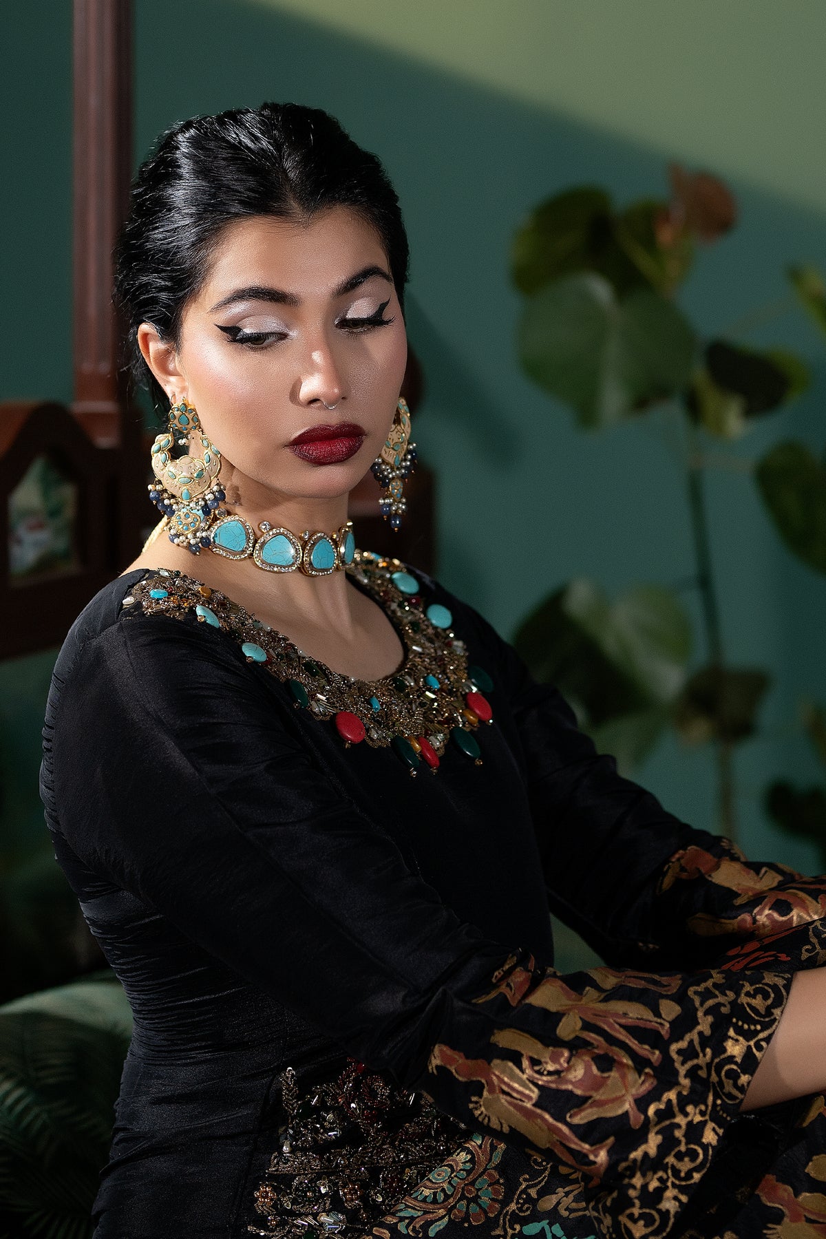 Pakistani Black Block-Printed Raw Silk Lehenga (2-Piece) - Image 6