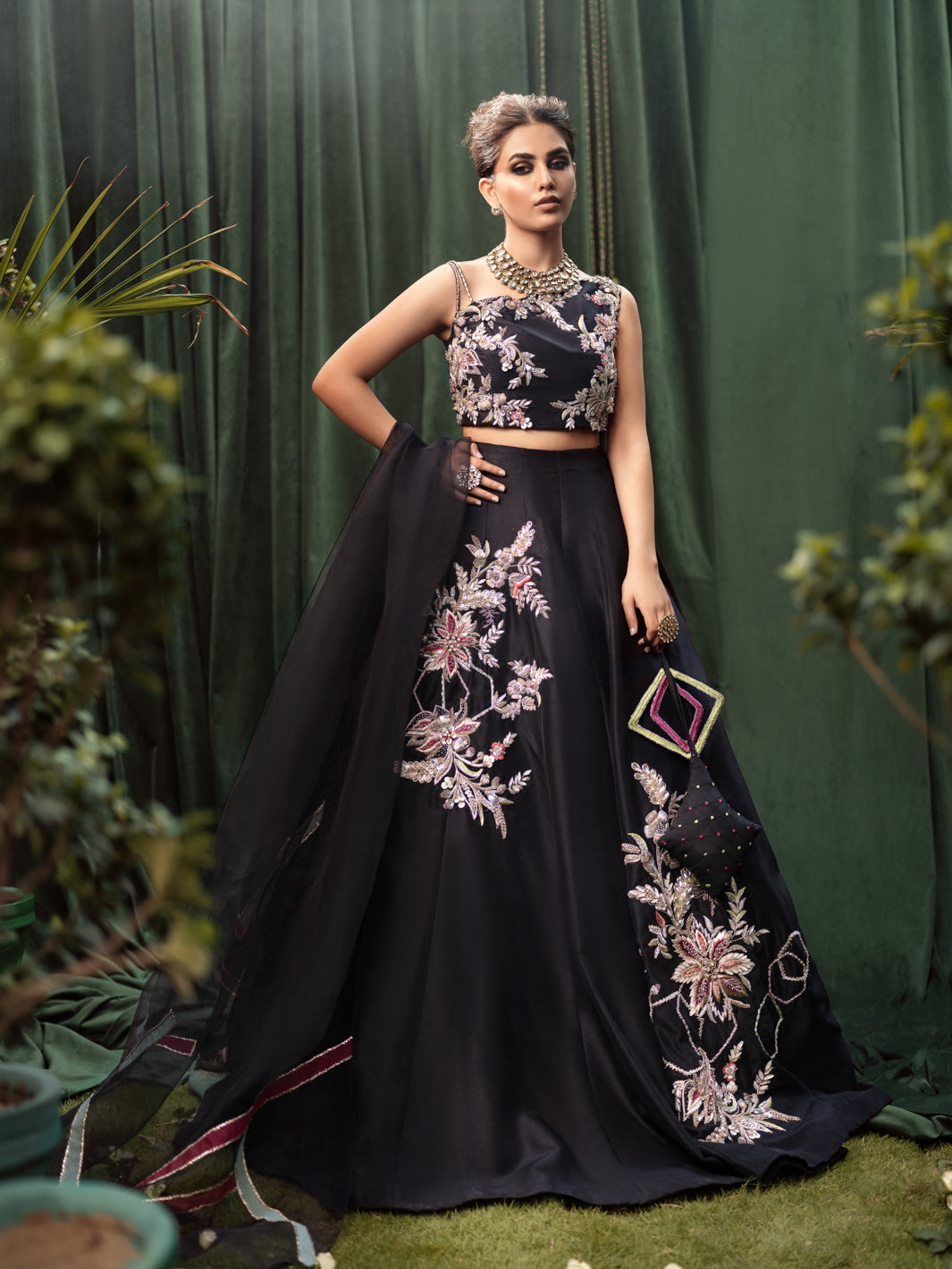 Black 3D Crystal & Pearl Raw Silk Lehenga Choli (3-Piece) - Image 1