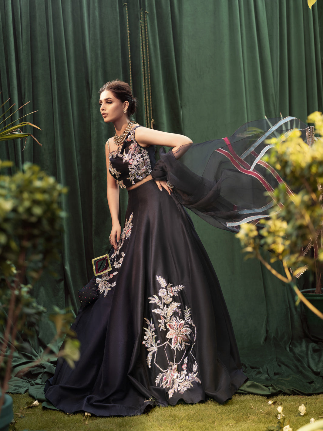 Black 3D Crystal & Pearl Raw Silk Lehenga Choli (3-Piece) - Image 2