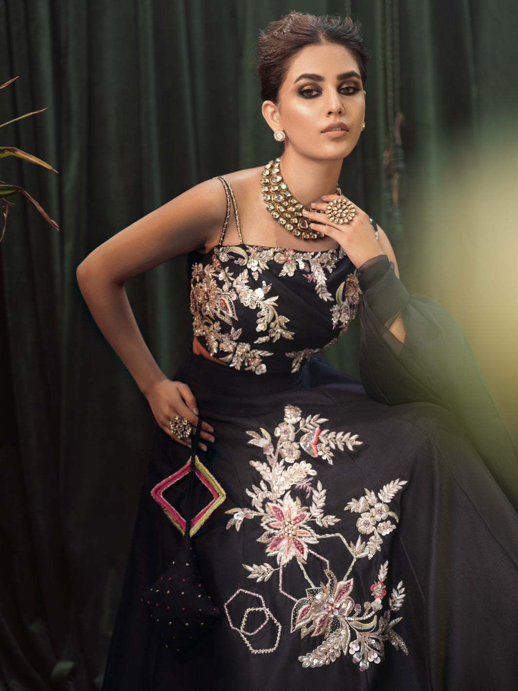 Black 3D Crystal & Pearl Raw Silk Lehenga Choli (3-Piece) - Image 3