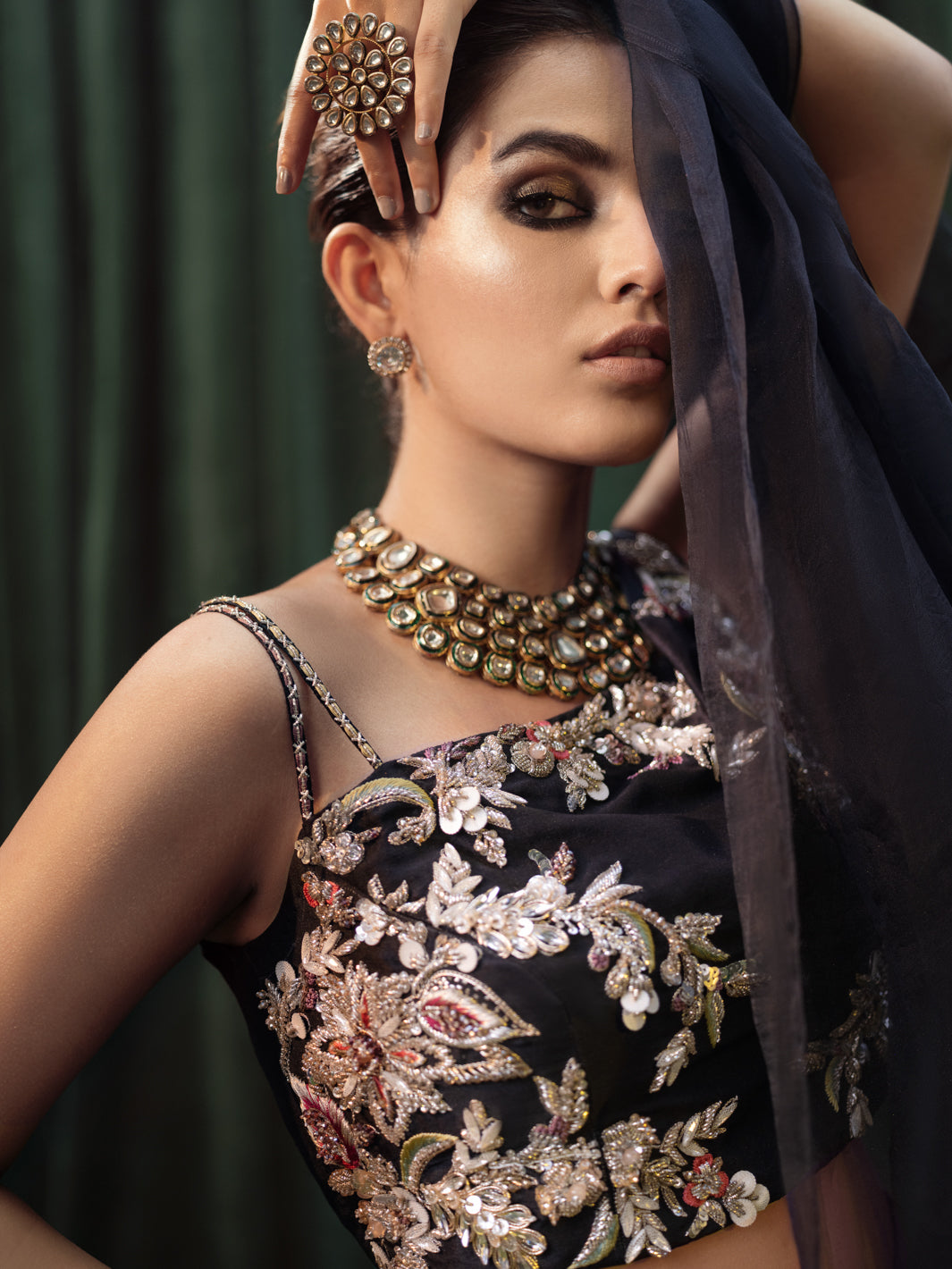 Black 3D Crystal & Pearl Raw Silk Lehenga Choli (3-Piece) - Image 5