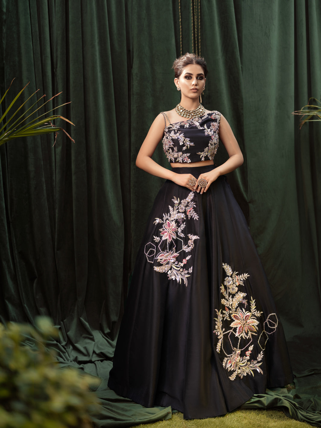 Black 3D Crystal & Pearl Raw Silk Lehenga Choli (3-Piece) - Image 7