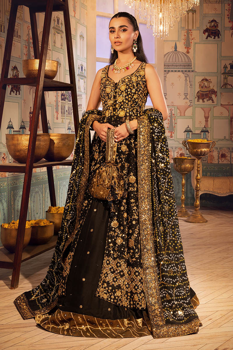 Pakistani Black Embroidered Net Kalidaar Lehenga (3-Piece) - Image 1