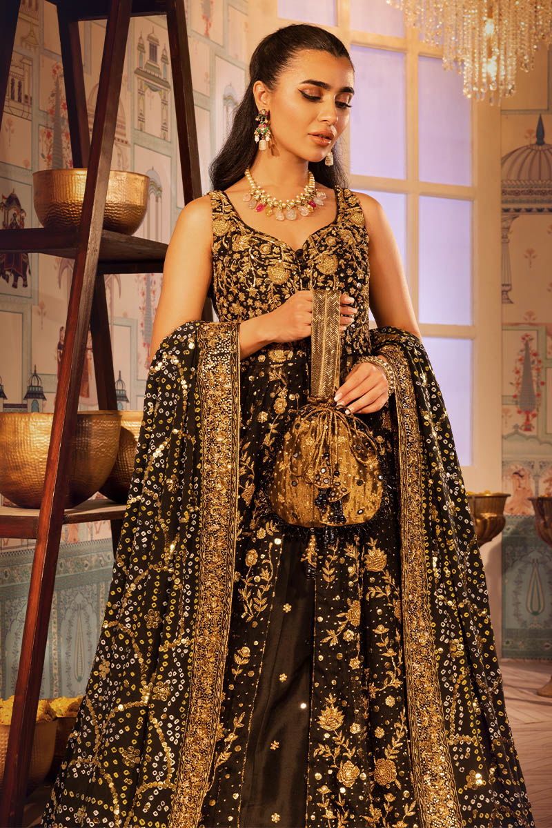 Pakistani Black Embroidered Net Kalidaar Lehenga (3-Piece) - Image 2