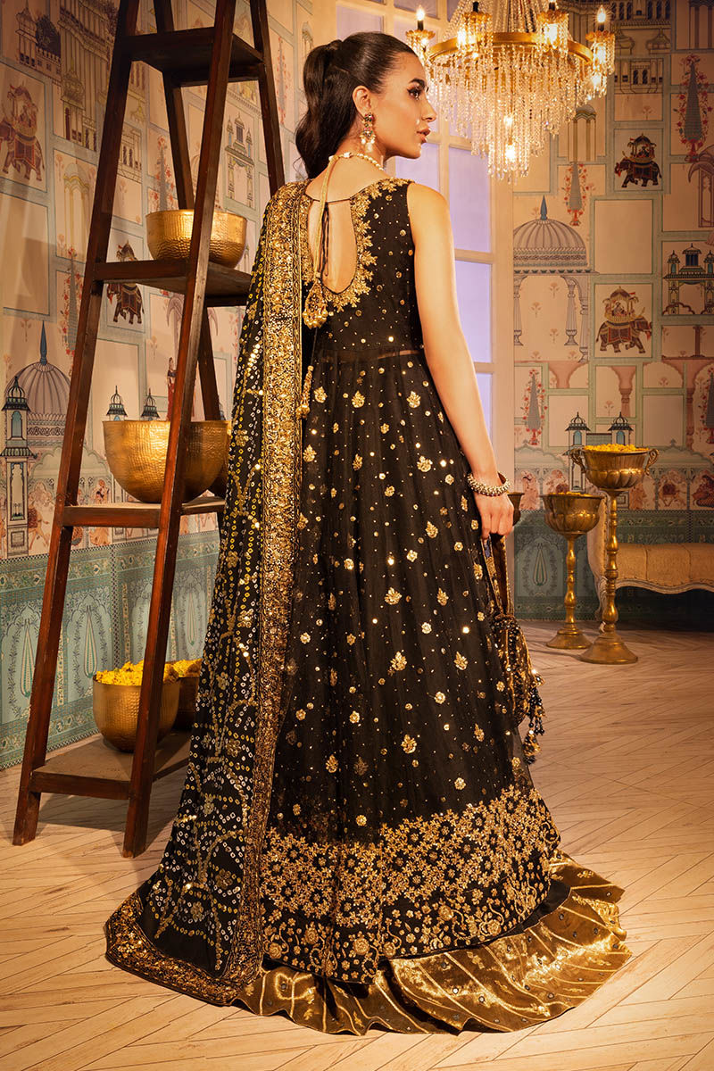 Pakistani Black Embroidered Net Kalidaar Lehenga (3-Piece) - Image 3