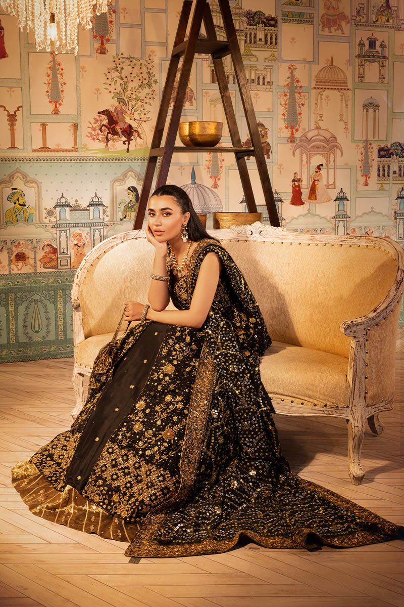 Pakistani Black Embroidered Net Kalidaar Lehenga (3-Piece) - Image 4