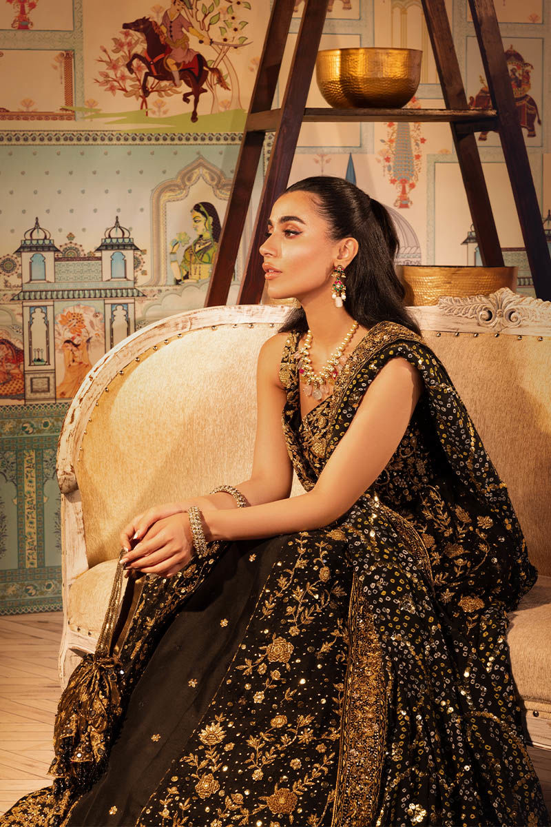 Pakistani Black Embroidered Net Kalidaar Lehenga (3-Piece) - Image 5