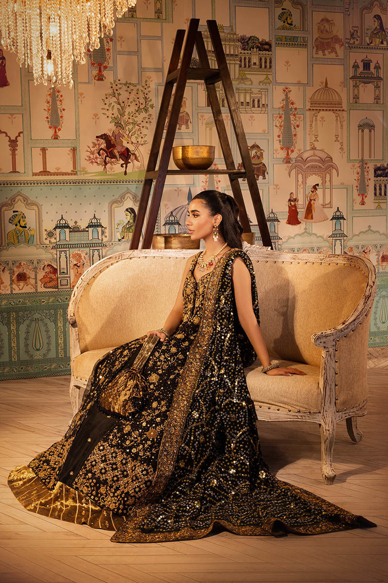 Pakistani Black Embroidered Net Kalidaar Lehenga (3-Piece) - Image 6