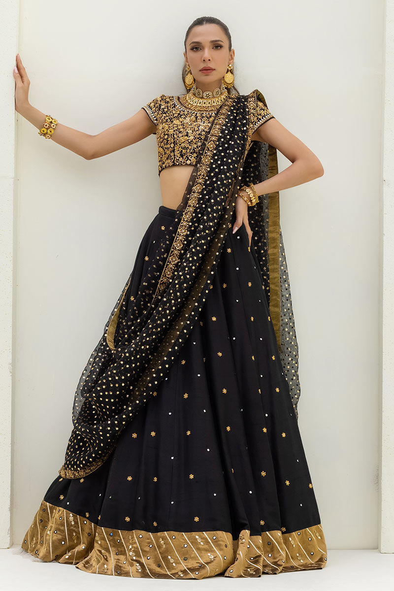 Pakistani Black Embellished Raw Silk Lehenga Choli (3-Piece) - Image 1
