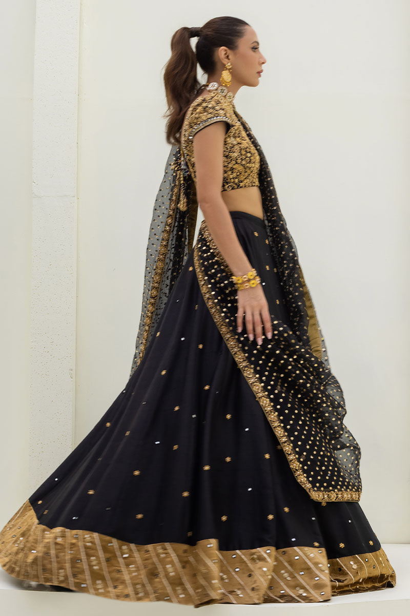 Pakistani Black Embellished Raw Silk Lehenga Choli (3-Piece) - Image 3