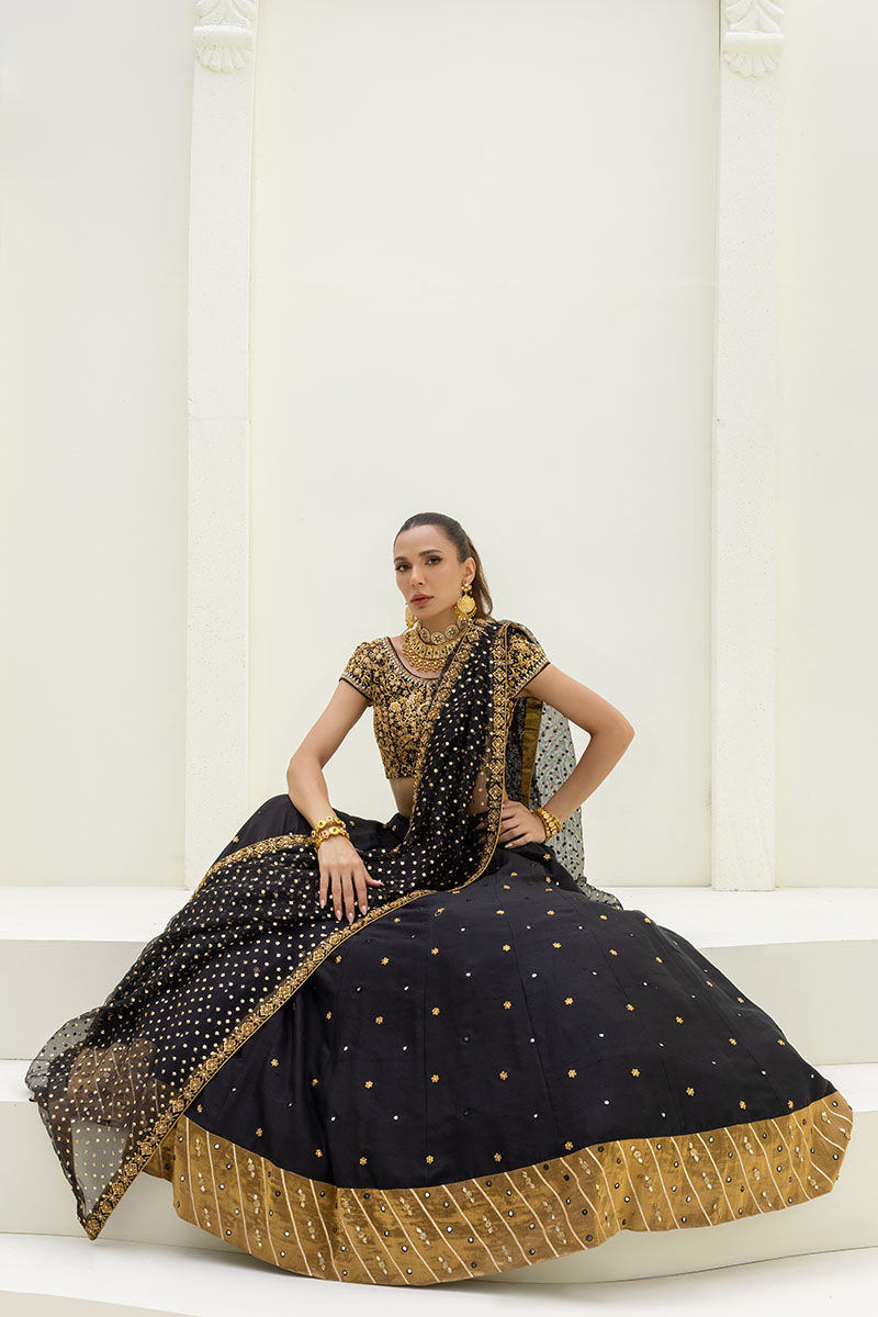Pakistani Black Embellished Raw Silk Lehenga Choli (3-Piece) - Image 4
