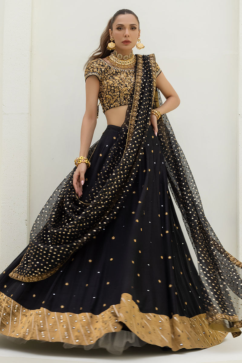 Pakistani Black Embellished Raw Silk Lehenga Choli (3-Piece) - Image 5