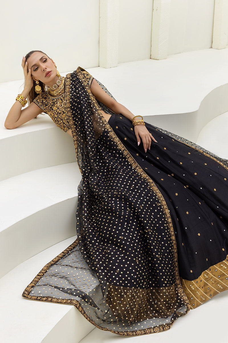 Pakistani Black Embellished Raw Silk Lehenga Choli (3-Piece) - Image 6