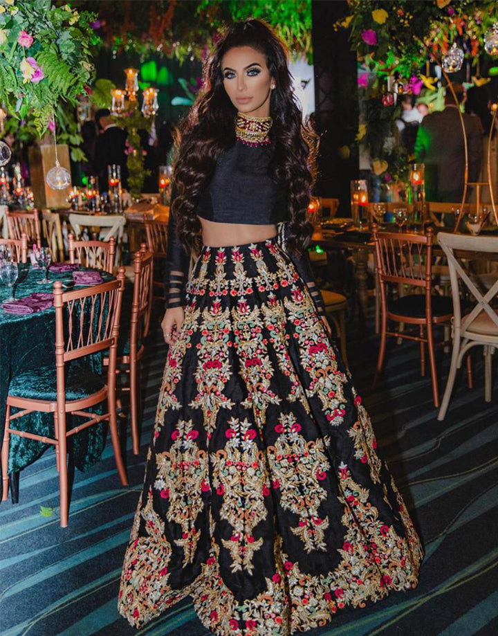 Black Floral Embroidered Raw Silk Lehenga (2-Piece) - Image 1