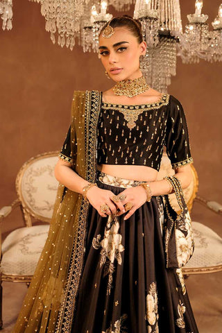 Black Embroidered Blended Raw Silk Lehenga (3-Piece) - Image 3