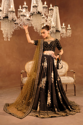 Black Embroidered Blended Raw Silk Lehenga (3-Piece) - Image 4