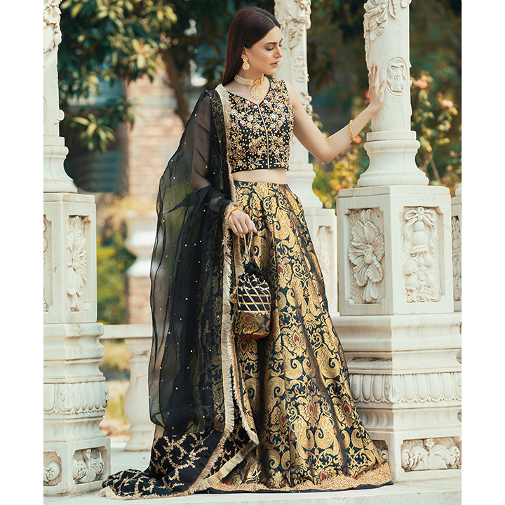 Black & Gold Embroidered Raw Silk Brocade Lehenga Choli (4-Piece) - Image 1