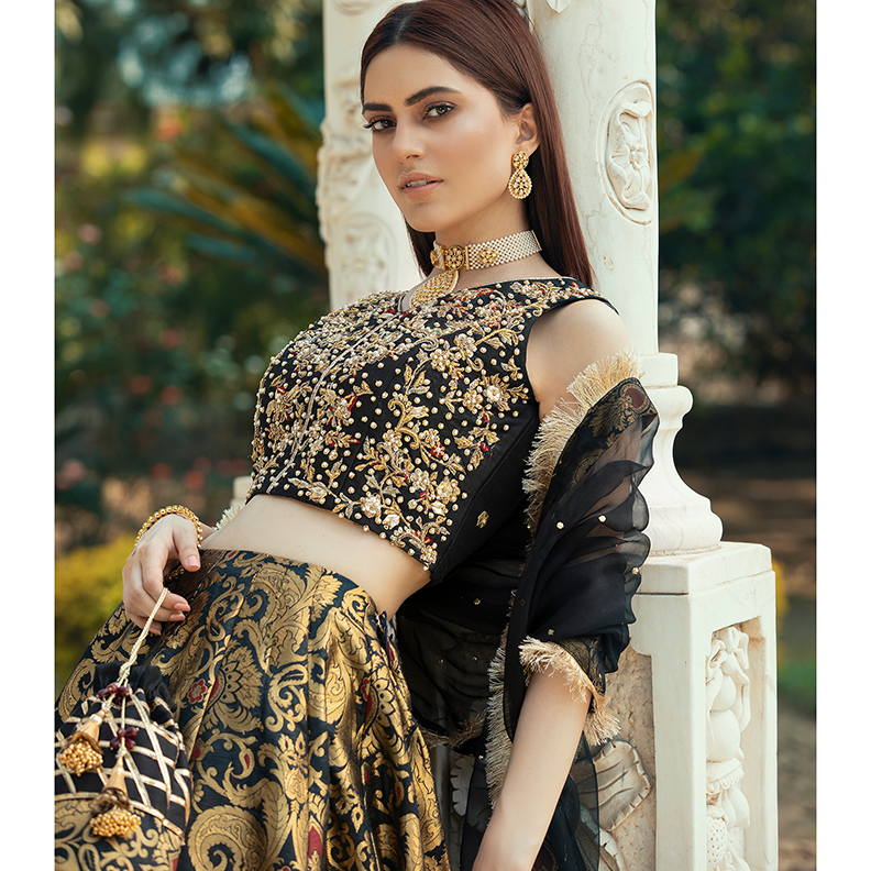 Black & Gold Embroidered Raw Silk Brocade Lehenga Choli (4-Piece) - Image 2
