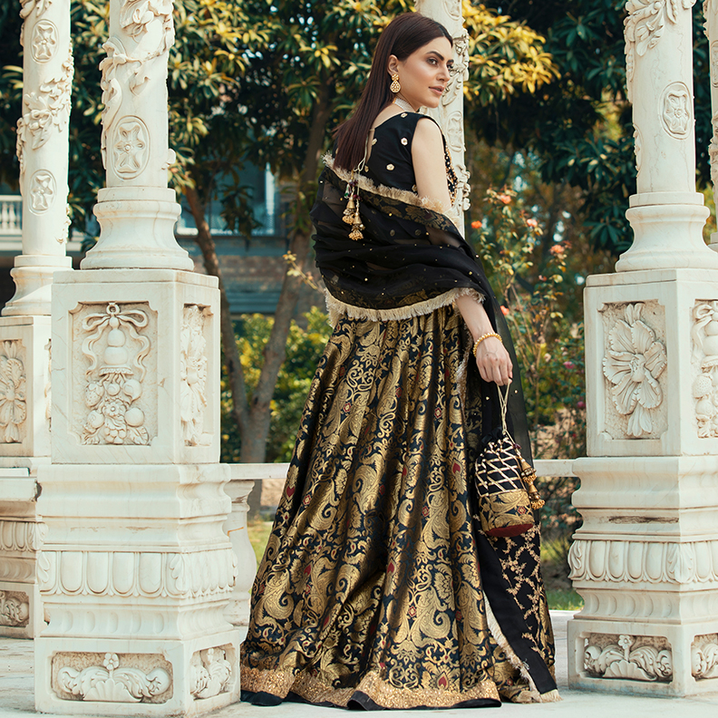 Black & Gold Embroidered Raw Silk Brocade Lehenga Choli (4-Piece) - Image 3