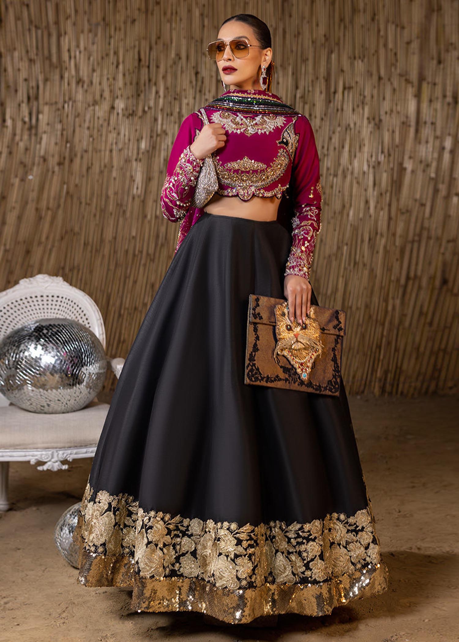Black & Plum Embroidered Raw Silk Lehenga (3-Piece) - Image 1